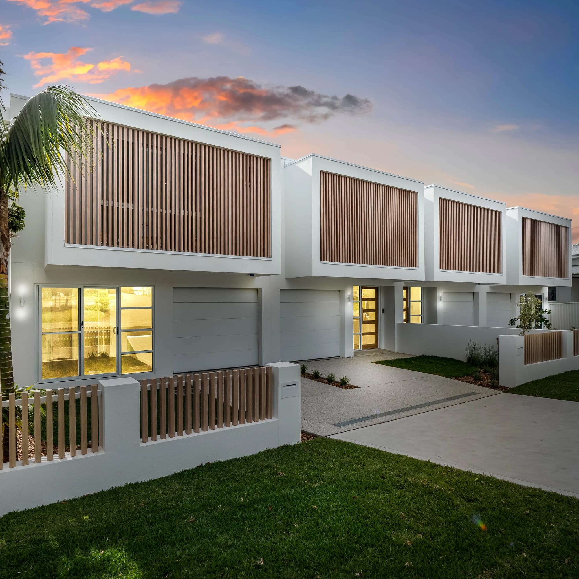 The completed Morris Homes multi-dwelling project at Long Jetty at sunset