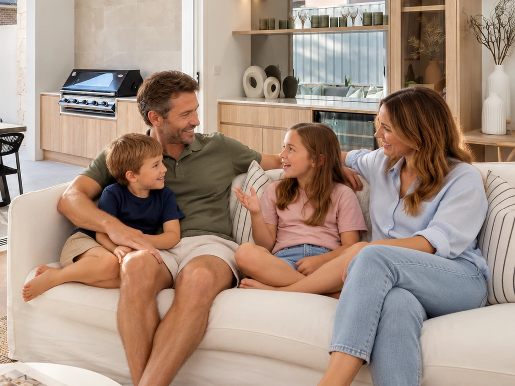 A family of four relaxing on the sofa in their finished Morris Homes living room