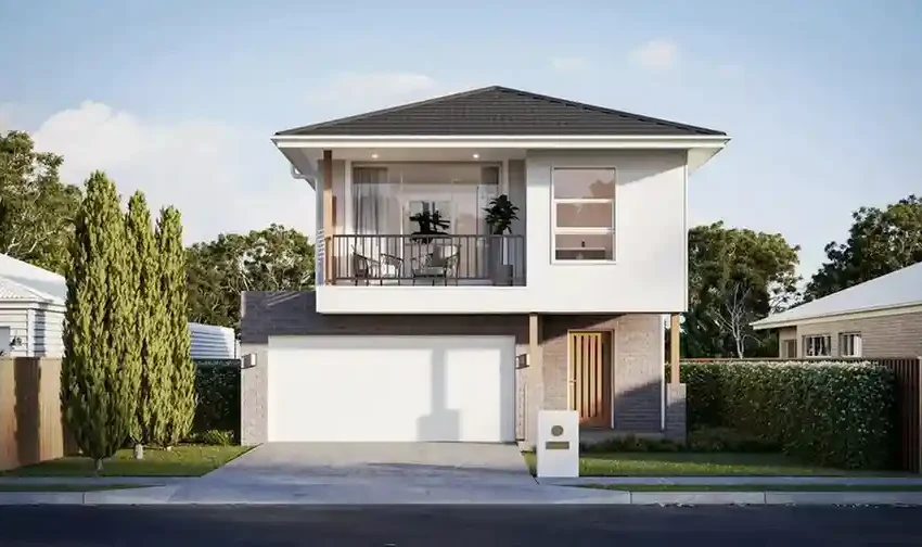 Contemporary two-story home with balcony and garage