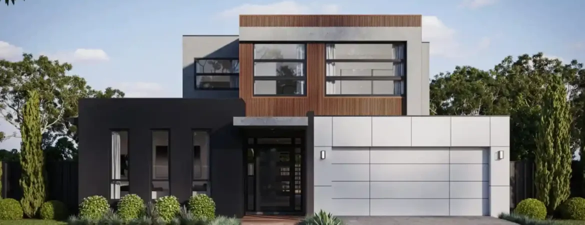 Modern two-story house with sleek design and large windows