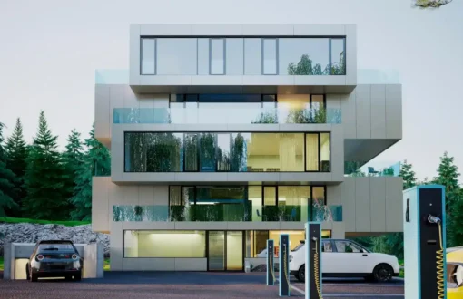 Modern apartment building with electric car charging